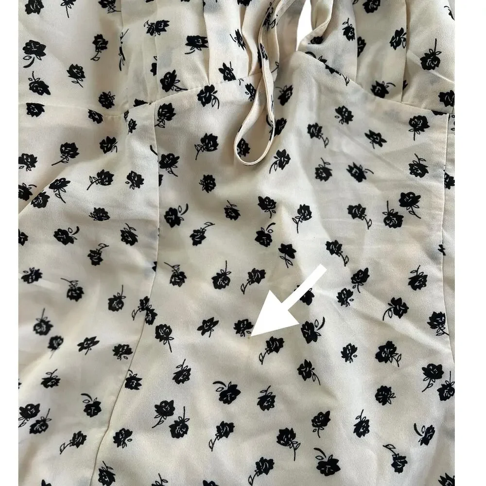 French Kiss Cream Floral Mini Dress Puff Sleeve Tie Front Size M - Picture 8 of 8